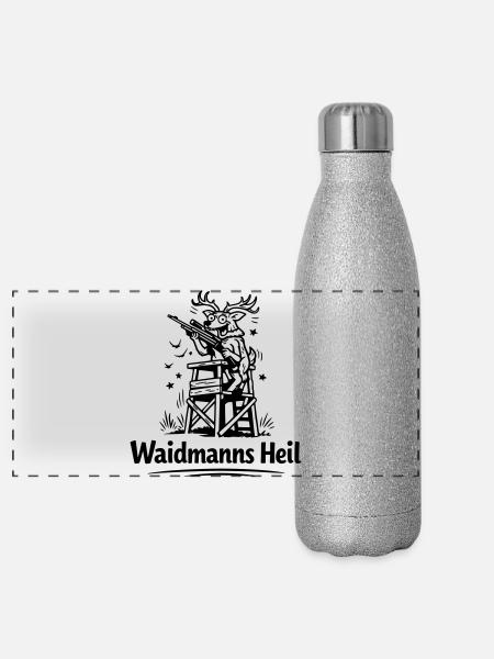 Verrückter Hirsch Waidmannsheil - Panorama Glitzer Isolierflasche 500 ml - Silber Glitzer - Vorne