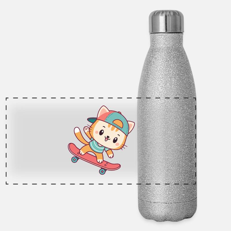 Katzen-Skateboard mit Kappe Panorama Glitzer Isolierflasche 500 ml