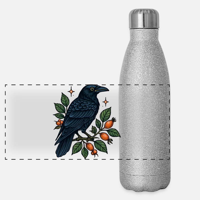 Midnight blue crow on the berry branch Panoramic Glitter Thermal Bottle 500 ml