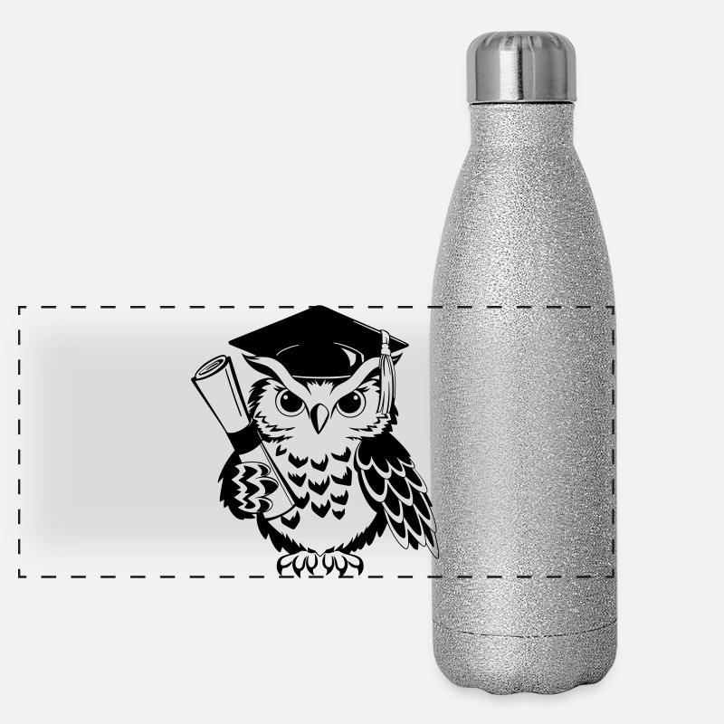 Schlaue Eule mit Doktorhut und Diplom Panorama Glitzer Isolierflasche 500 ml