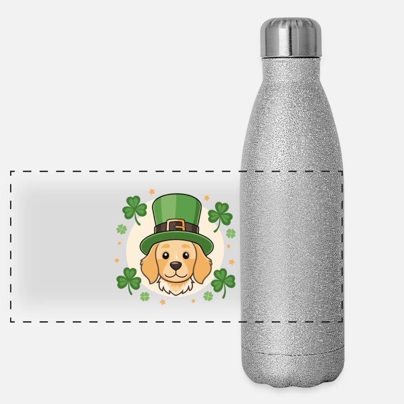 Chien Labrador Leprechaun Vert et Trèfles Gourde isotherme panoramique pailletée 500 ml