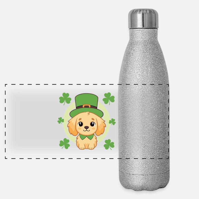 Cute Irish Puppy with Green Hat Panoramic Glitter Thermal Bottle 500 ml