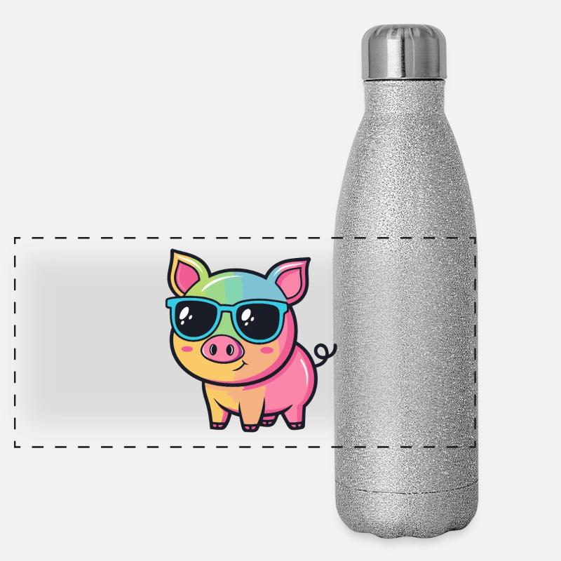 Bunte Schweine-Sonnenbrille Cool - Panorama Glitzer Isolierflasche 500 ml - Silber Glitzer
