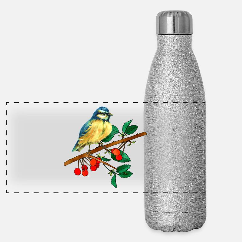Titmouse and cherries Panoramic Glitter Thermal Bottle 500 ml