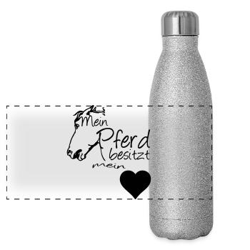 Mein Pferd - Mein Herz Geschenk - Panorama Glitzer Isolierflasche 500 ml - Silber Glitzer - Vorne