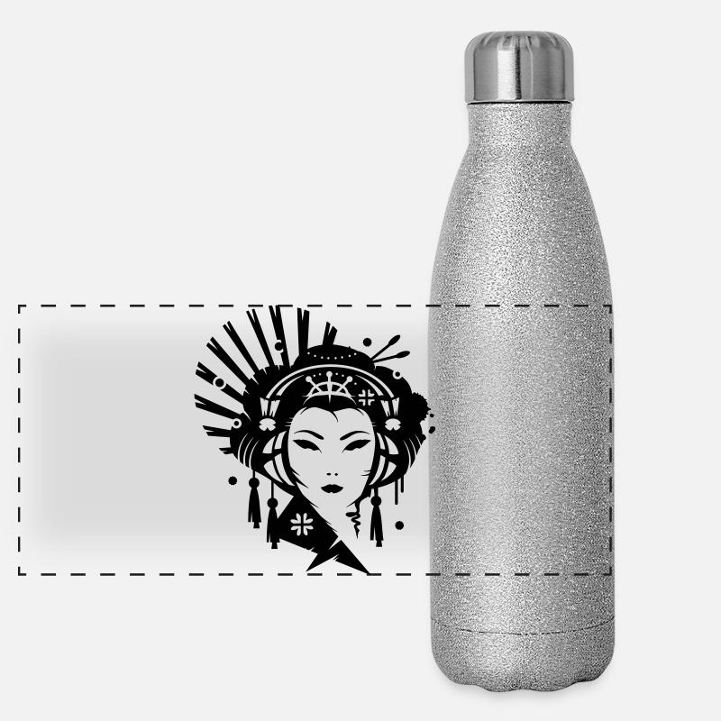 Ein japanisches Mädchen als Geisha mit Kopfhörer Panorama Glitzer Isolierflasche 500 ml