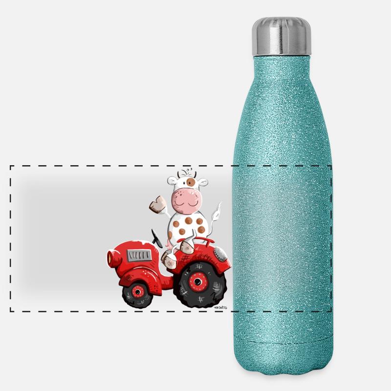 Cow drives a tractor Panoramic Glitter Thermal Bottle 500 ml
