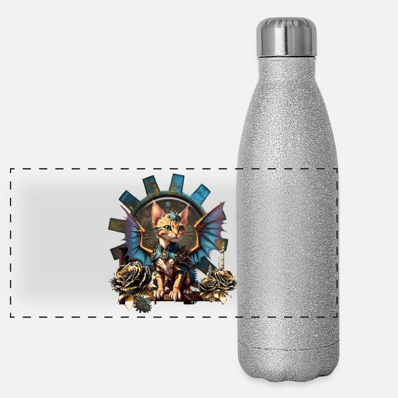 Wunderbare Fantasy-Steampunk-Katze. Panorama Glitzer Isolierflasche 500 ml