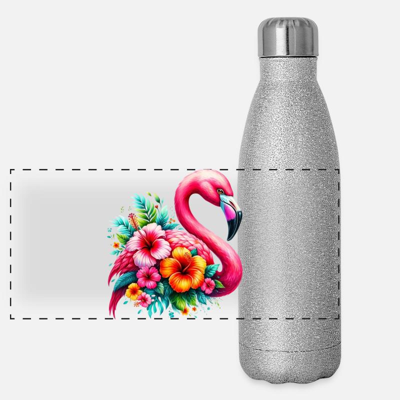 Flamant rose décoré de fleurs d’hibiscus Gourde isotherme panoramique pailletée 500 ml