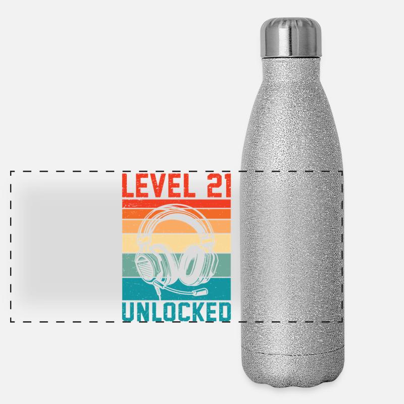 Level 21 freigeschaltet – 21 Jahre Gaming-Geschenk Panorama Glitzer Isolierflasche 500 ml