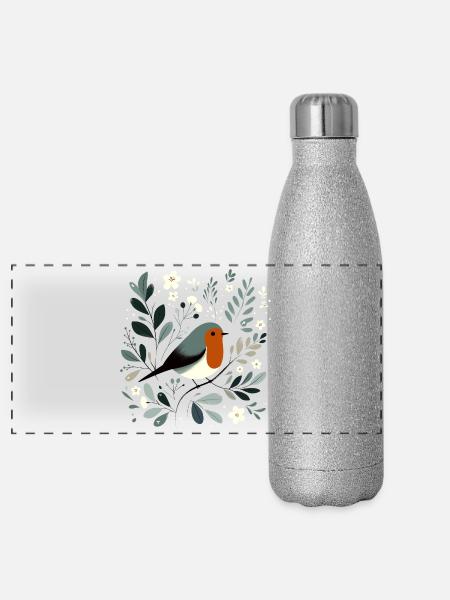 Rotkehlchen mit Blumen - Panorama Glitzer Isolierflasche 500 ml - Silber Glitzer