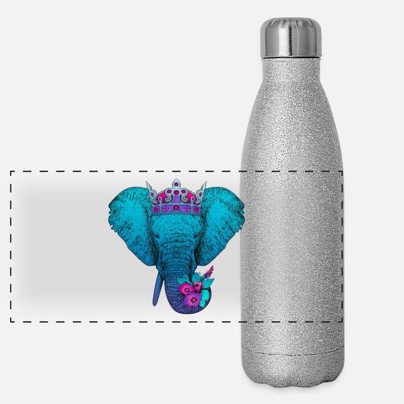 Elefant mit Blumen und Krone Panorama Glitzer Isolierflasche 500 ml
