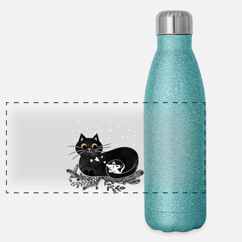 Chat souris hiver illustration Gourde isotherme panoramique pailletée 500 ml