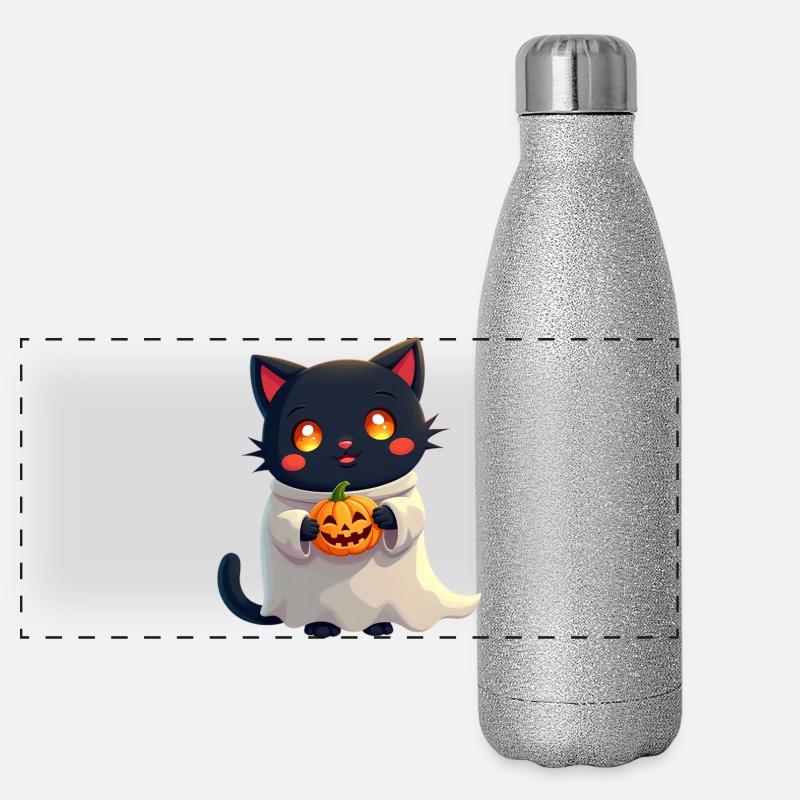 Halloween Cat with Halloween Pumpkin Panorama Glitzer Isolierflasche 500 ml