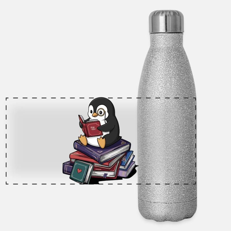 Bücherwurm, Pinguin, Vogel liest Bücher Kunst Panorama Glitzer Isolierflasche 500 ml