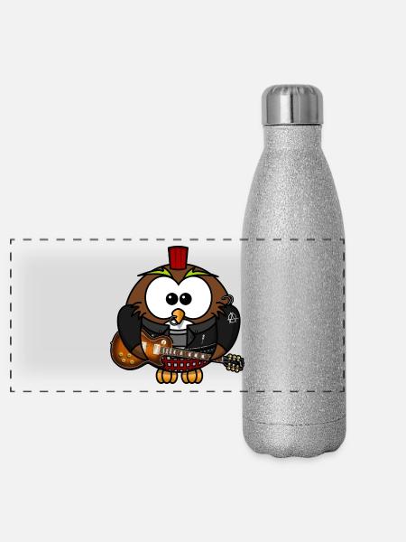 Eule als Punk mit Gitarre - Panorama Glitzer Isolierflasche 500 ml - Silber Glitzer