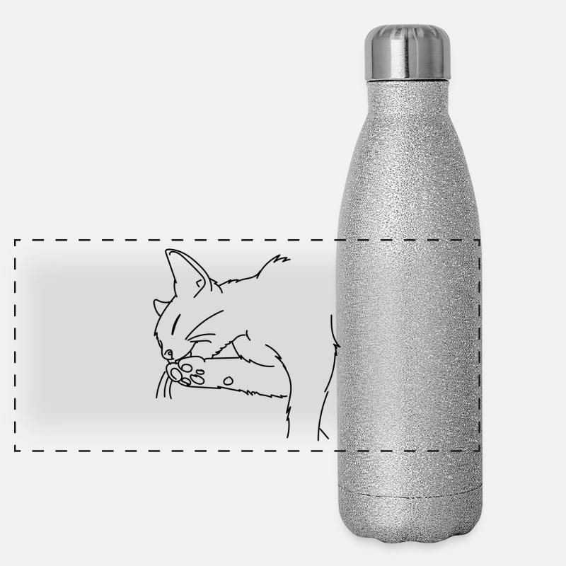 Katze schleckt Pfote ab. Geschenkidee Panorama Glitzer Isolierflasche 500 ml