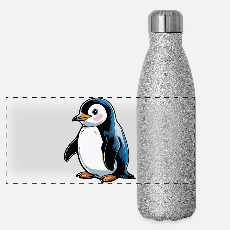 Comic-Pinguin Blauton - Panorama Glitzer Isolierflasche 500 ml - Silber Glitzer