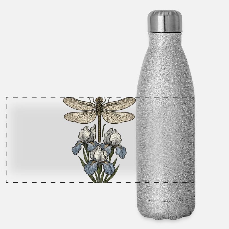 Libellule sur fleurs d’iris - Gourde isotherme panoramique pailletée 500 ml - paillettes argentées