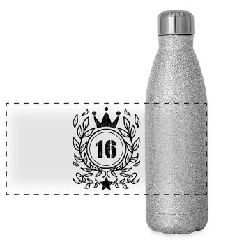 16 Jahre alt Krone - 16 Geburtstag - Panorama Glitzer Isolierflasche 500 ml - Silber Glitzer - Vorne