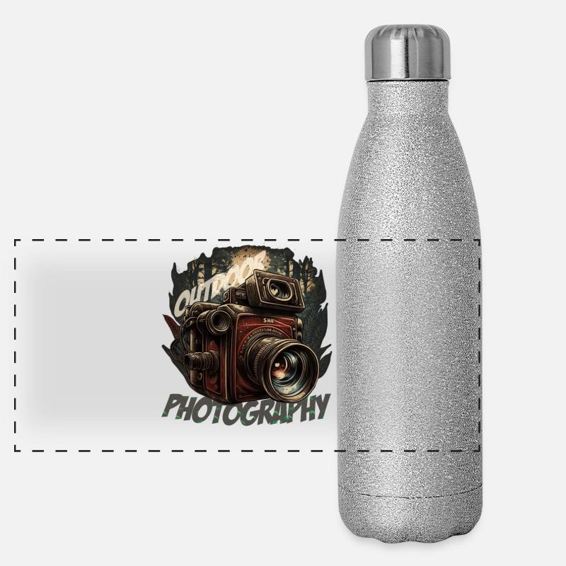Camera in the forest with lettering - Panoramic Glitter Thermal Bottle 500 ml - silver glitter