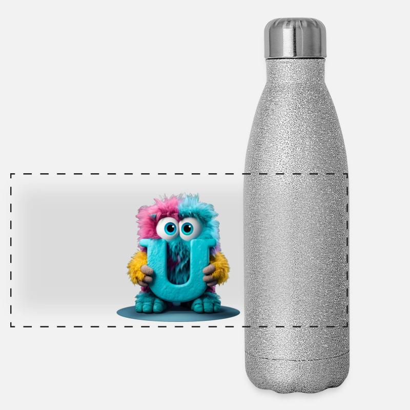 Multicolored Monster Holding Letter U - Panoramic Glitter Thermal Bottle 500 ml - silver glitter