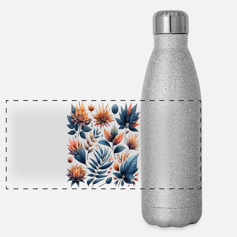 Aquarelle feuilles Boho Motif de feuille Gourde isotherme panoramique pailletée 500 ml
