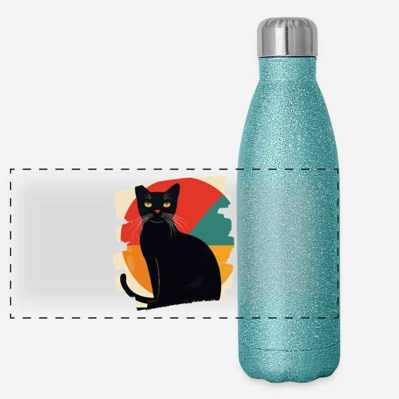 Schwarze Katze Retro Panorama Glitzer Isolierflasche 500 ml
