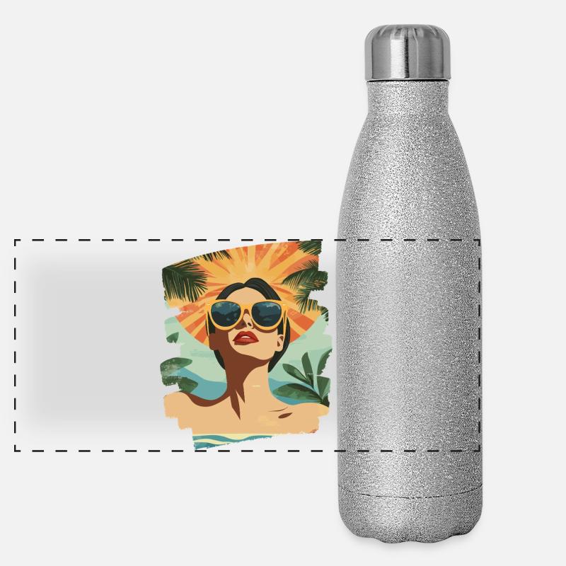 Plage Palmiers Coucher de soleil Été Gourde isotherme panoramique pailletée 500 ml
