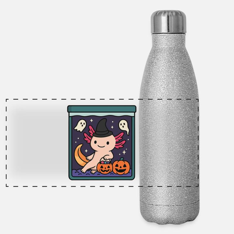 Cute Halloween Axolotl with Witch Hat - Panoramic Glitter Thermal Bottle 500 ml - silver glitter