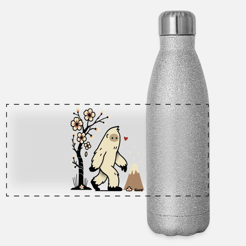 Niedliches Yeti mit Kirschblüten und Vulkan Panorama Glitzer Isolierflasche 500 ml