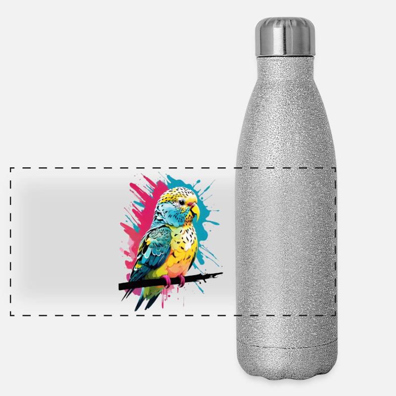 Bunter Papagei mit Farbspritzern Panorama Glitzer Isolierflasche 500 ml