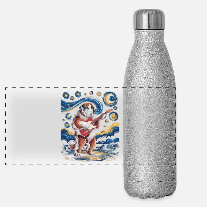 Hund mit Gitarre unter Sternenhimmel Panorama Glitzer Isolierflasche 500 ml