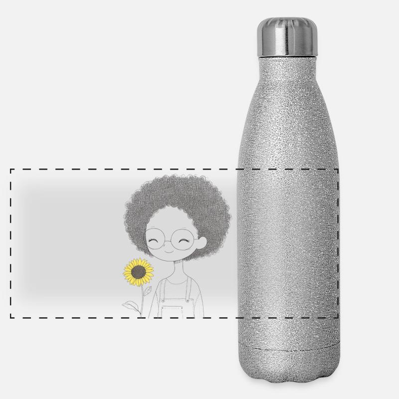 Fröhliches Mädchen mit Sonnenblume Panorama Glitzer Isolierflasche 500 ml