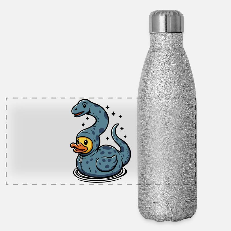 Playful dinosaur duck as a brontosaur - Panoramic Glitter Thermal Bottle 500 ml - silver glitter