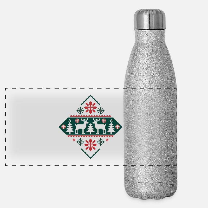 Retro Pixel Art Christmas Pattern Deer and Fir Trees Panoramic Glitter Thermal Bottle 500 ml