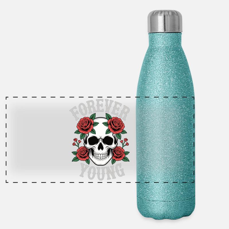 Forever Young Skull Rosen Panorama Glitzer Isolierflasche 500 ml