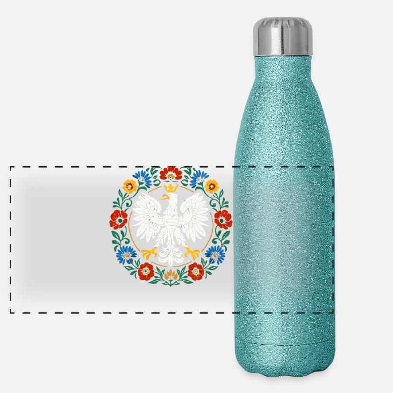 Aigle polonais Emblème folklorique avec des fleurs Gourde isotherme panoramique pailletée 500 ml
