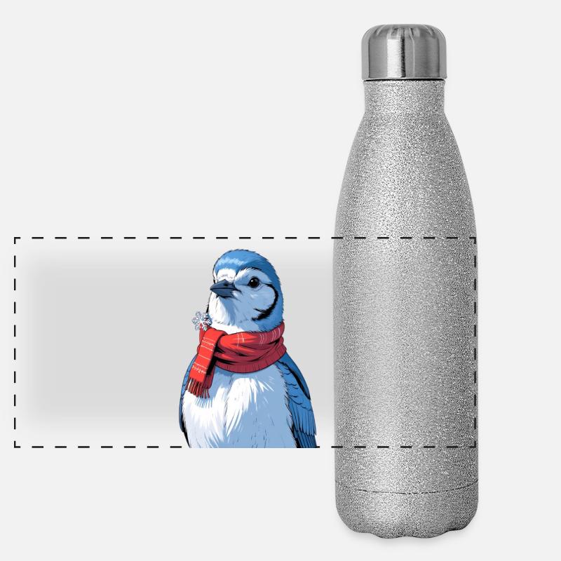 Wintervogel mit rotem Schal Panorama Glitzer Isolierflasche 500 ml