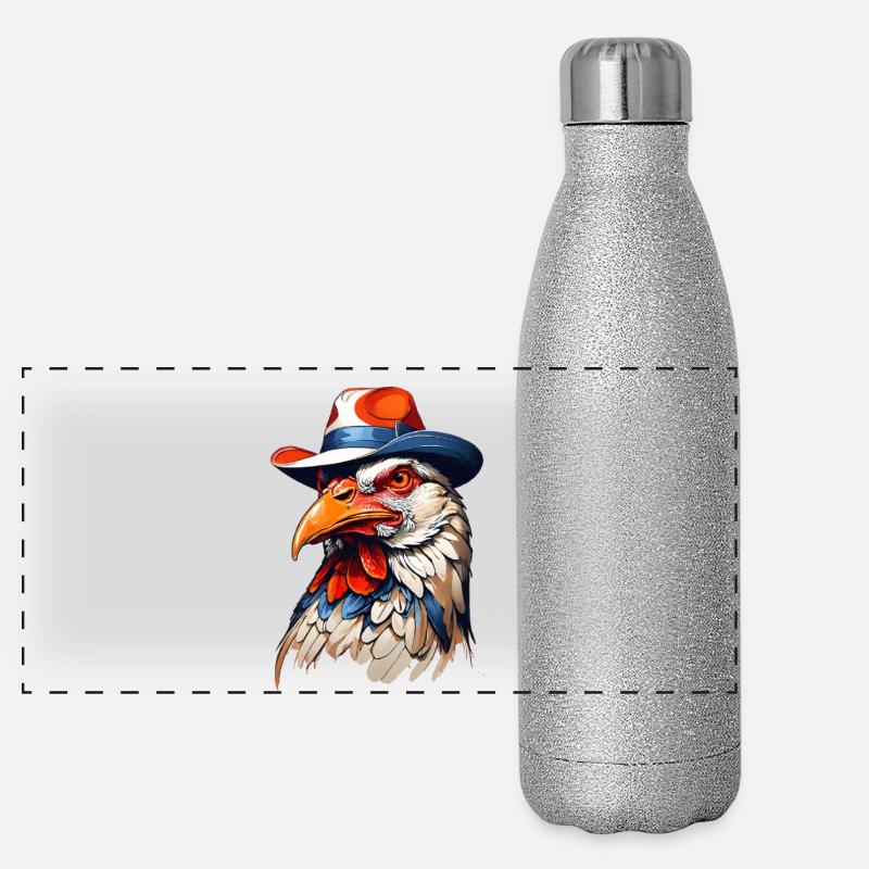 Coq coloré avec chapeau Art Gourde isotherme panoramique pailletée 500 ml