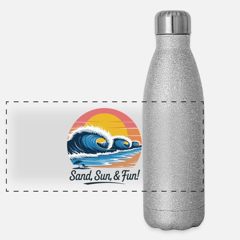 Plage rétro vague coucher de soleil Gourde isotherme panoramique pailletée 500 ml