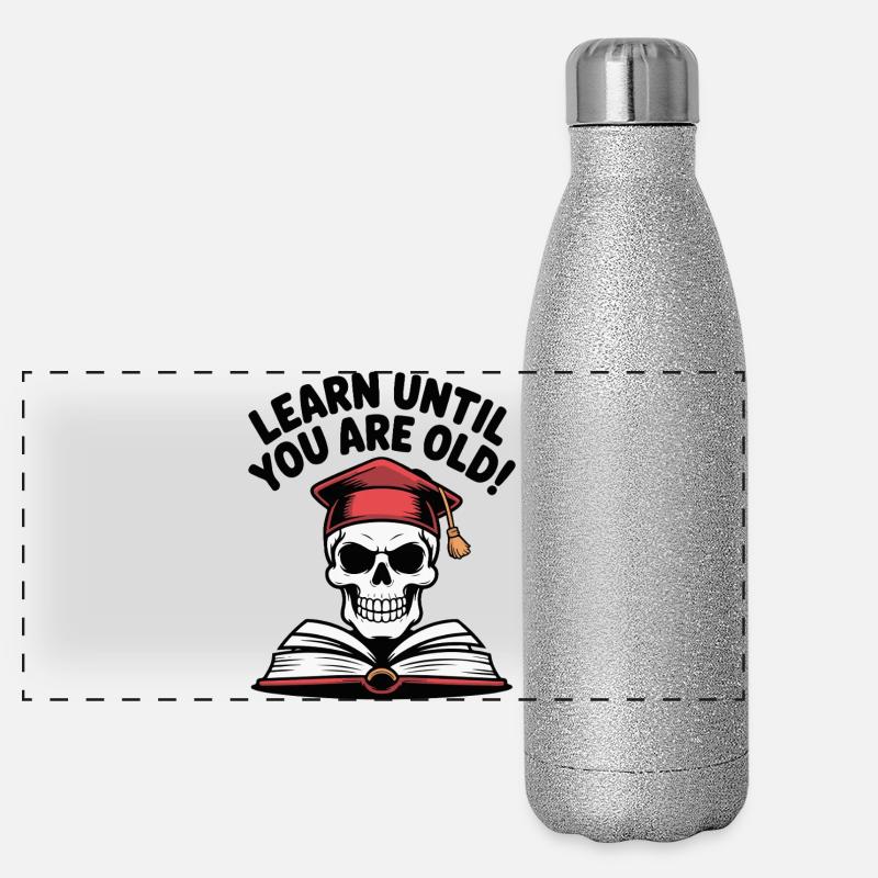 Learn Until You Are Old Skull - Panoramic Glitter Thermal Bottle 500 ml - silver glitter