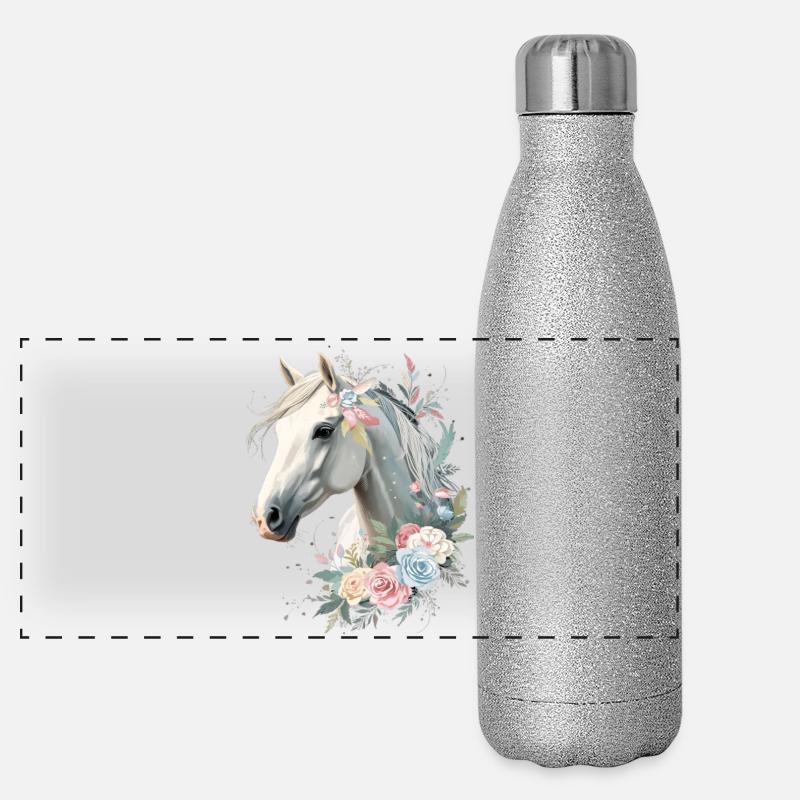 Cheval avec couronne florale Aquarelle Gourde isotherme panoramique pailletée 500 ml