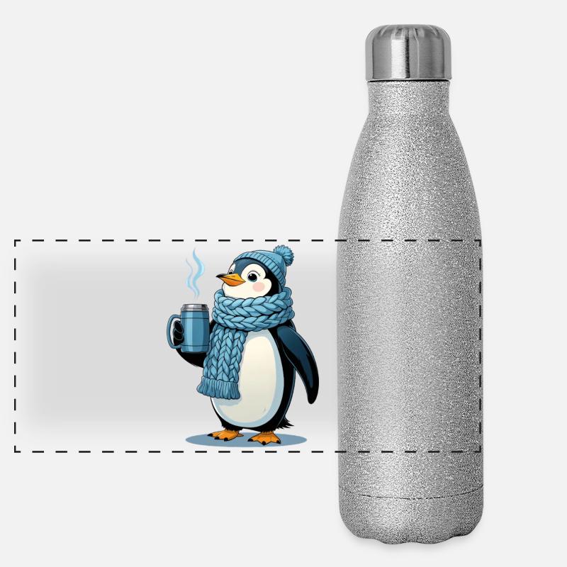 Pingouin câlin avec écharpe bleue Gourde isotherme panoramique pailletée 500 ml
