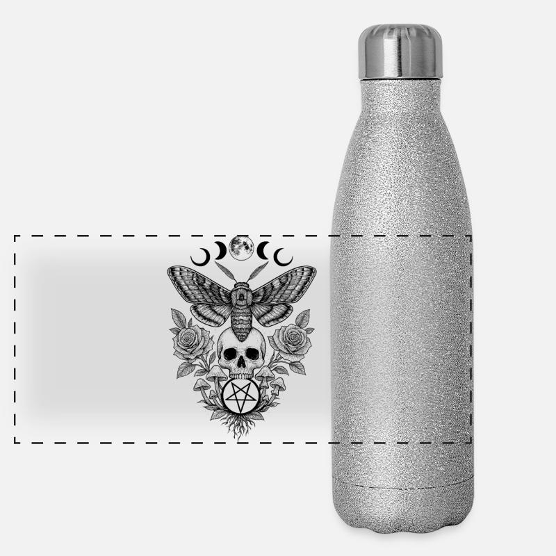 Moth Moth Moon Phases Skull Occultism Mystical Panoramic Glitter Thermal Bottle 500 ml