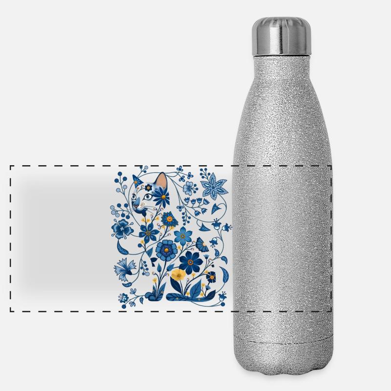 Azurblaue florale Katzensilhouette Panorama Glitzer Isolierflasche 500 ml