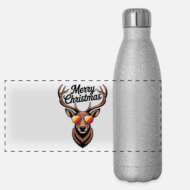 Hirsch mit Geweih und Sonnenbrille Merry Christmas Panorama Glitzer Isolierflasche 500 ml