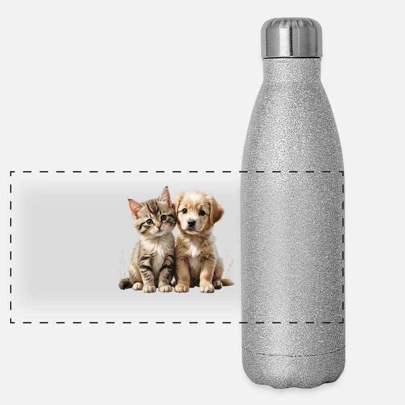 Cat Dog Duo Cuddle Motif Panoramic Glitter Thermal Bottle 500 ml