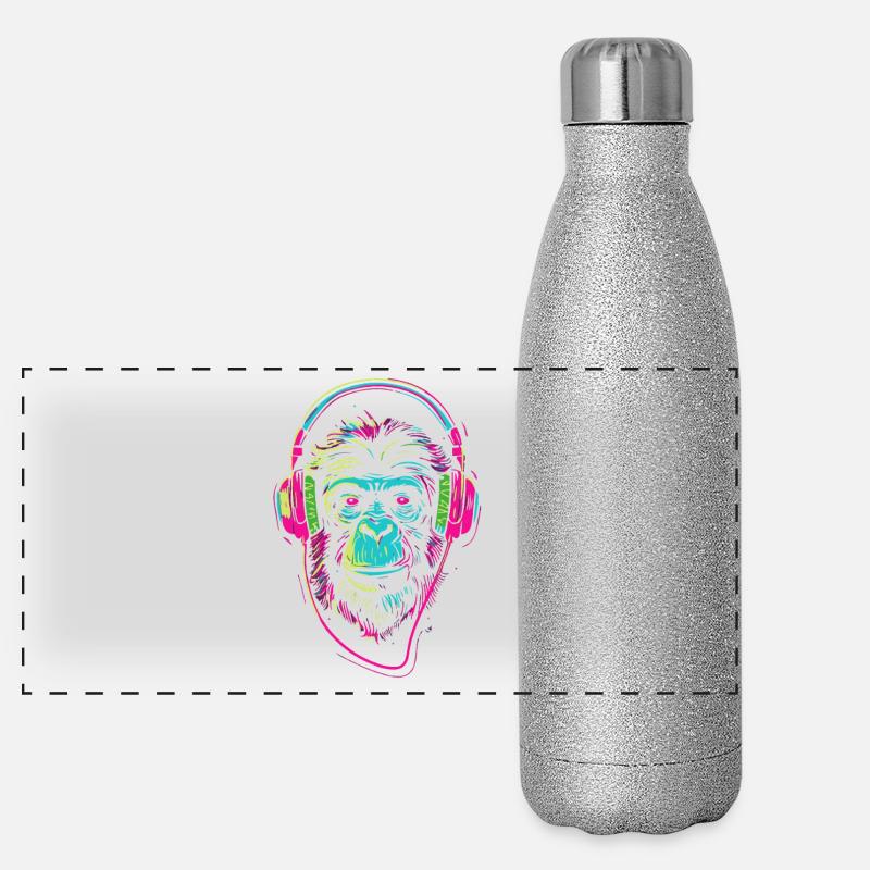 Neon monkey with headphones - Panoramic Glitter Thermal Bottle 500 ml - silver glitter