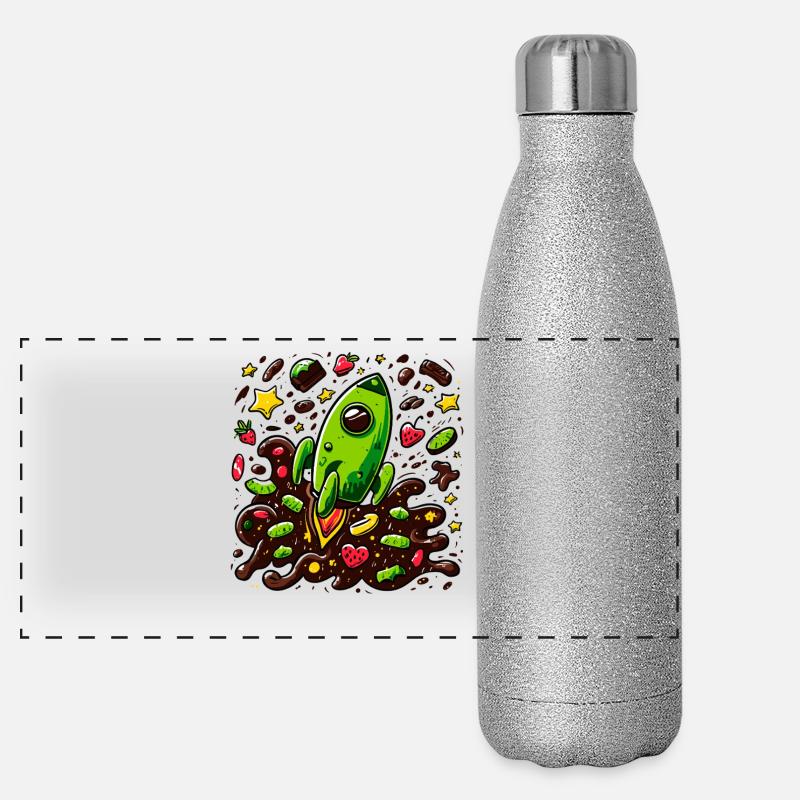 Grüne Rakete im Schoko-Universum Panorama Glitzer Isolierflasche 500 ml